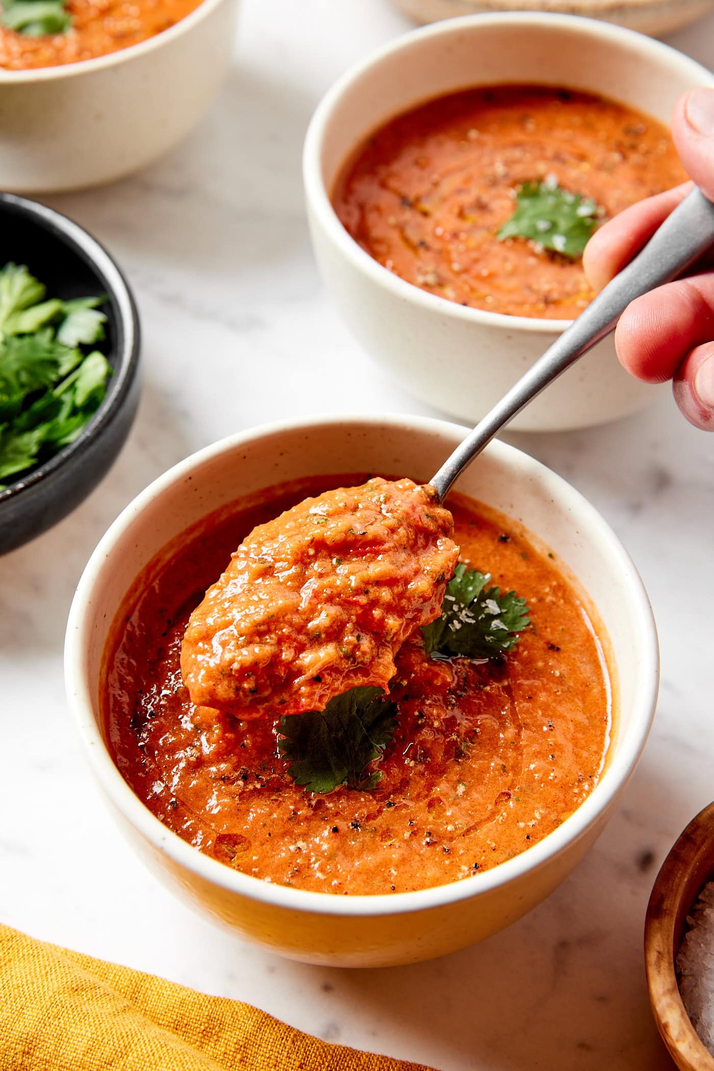 Spoon holding serving of gazpacho soup from white bowl showing texture of the soup.