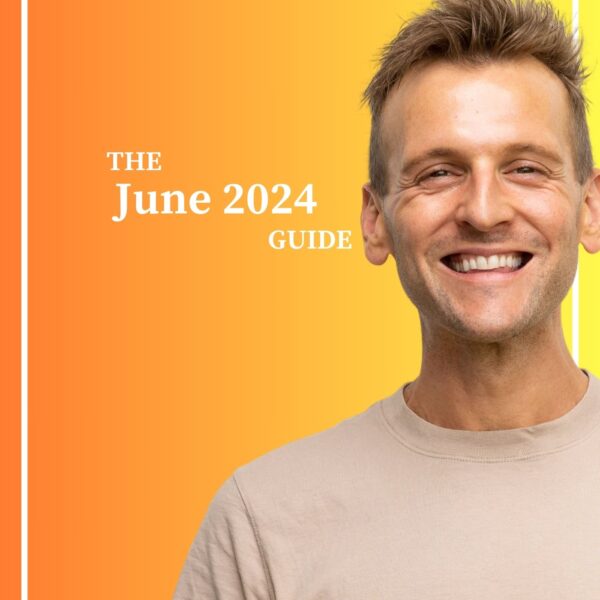 Kaleb Wyse wearing tan shirt standing in front of ombre background with the words "The June 2024 Guide".