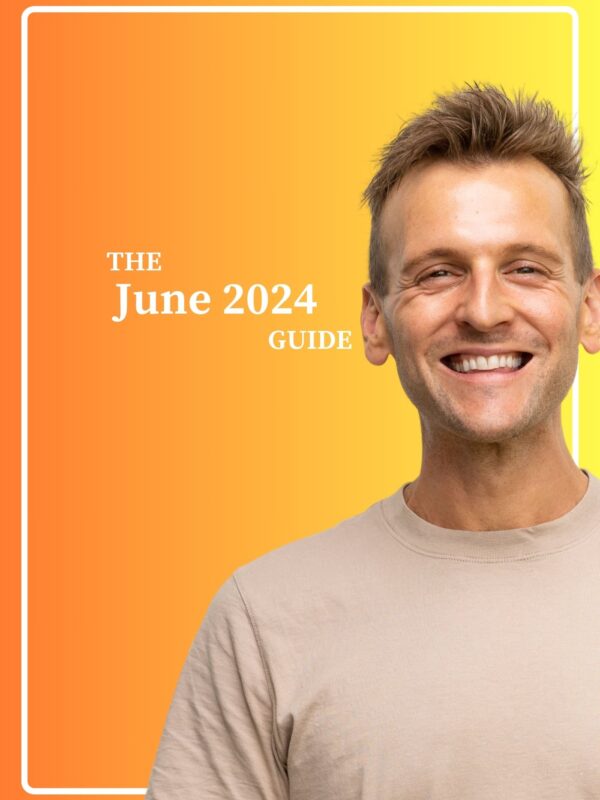 Kaleb Wyse wearing tan shirt standing in front of ombre background with the words "The June 2024 Guide".