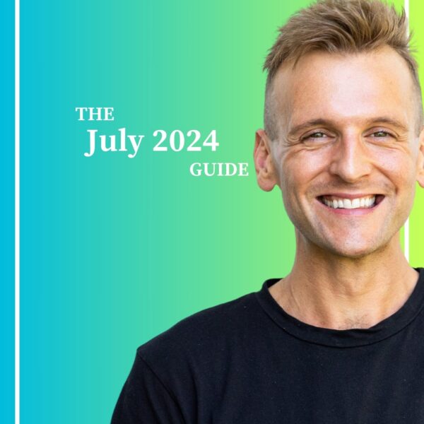 Kaleb Wyse wearing a black shirt standing in front of an ombre blue to green background with the words "The July 2024 Guide".