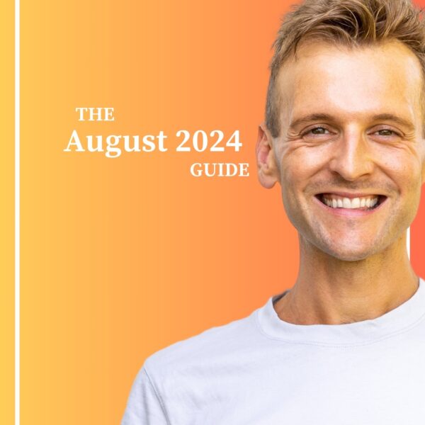 Kaleb Wyse wearing a white shirt standing in front of an orange to yellow background with the words "The August 2024 Guide".