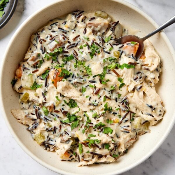 A bowl of chicken and wild rice soup.