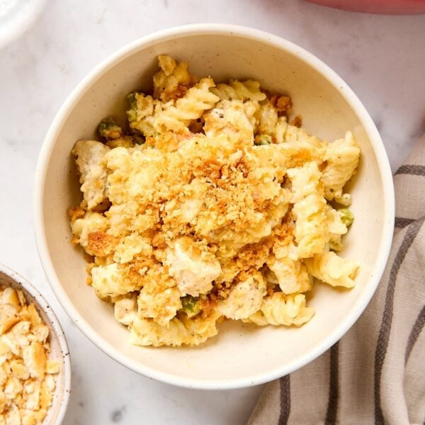 A bowl full of chicken pot pie casserole.