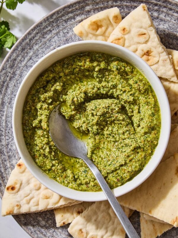 Bowl filled with cilantro pesto with bright green color with spoon scooping up some.