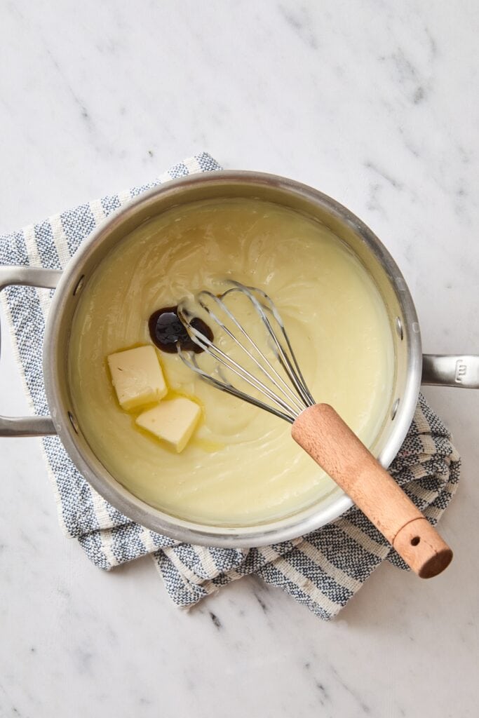 Creamy vanilla pudding mixture with unmelted butter and vanilla extract.
