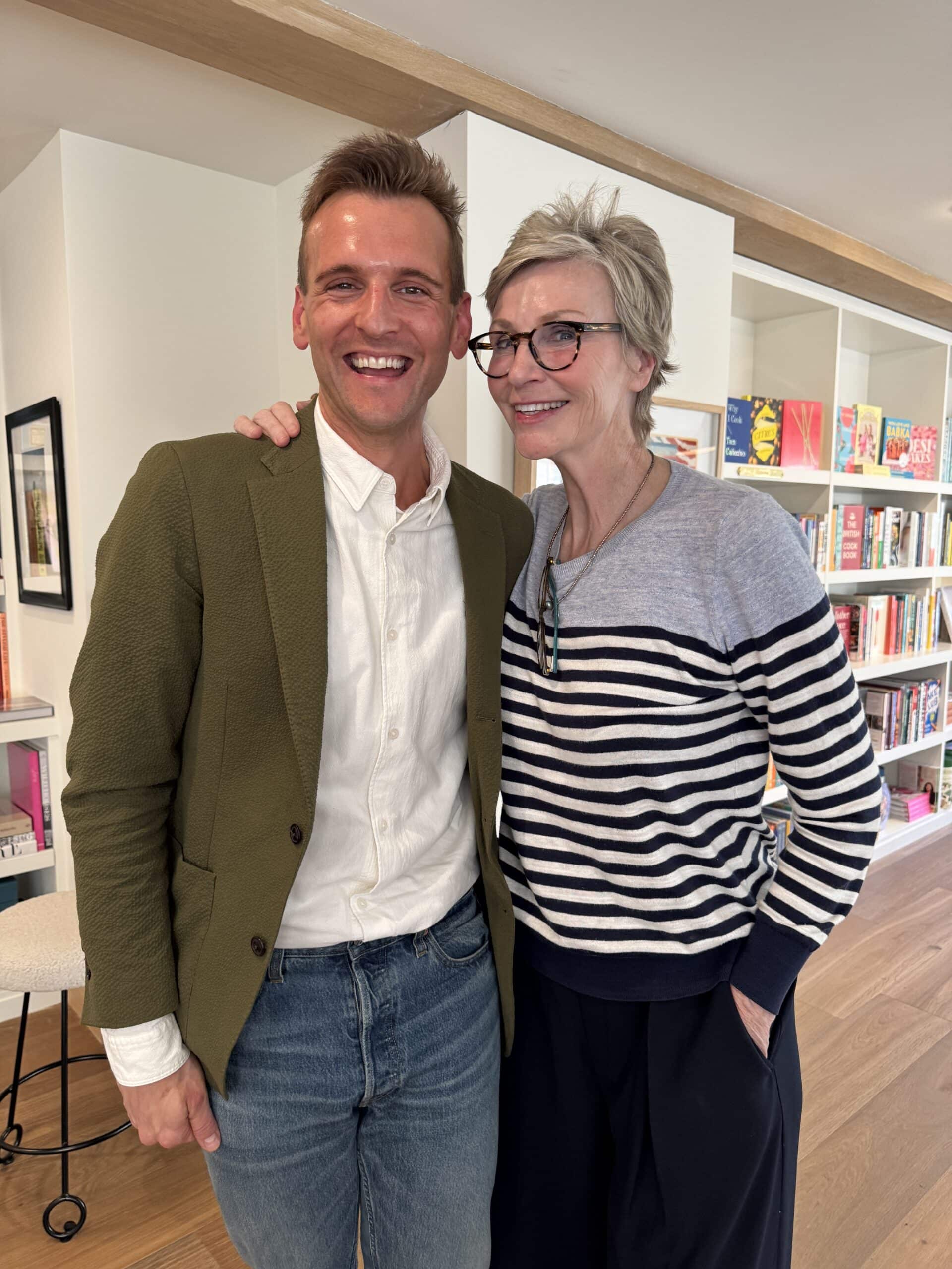 Kaleb Wyse hugging Jane Lynch at Godmother's bookstore in Summerland, CA.