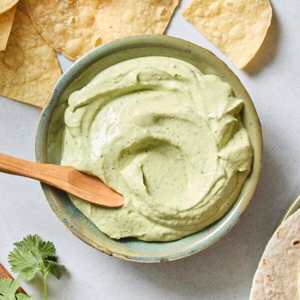 Swirled green sauce with tortilla chips and spoon scooping up some.