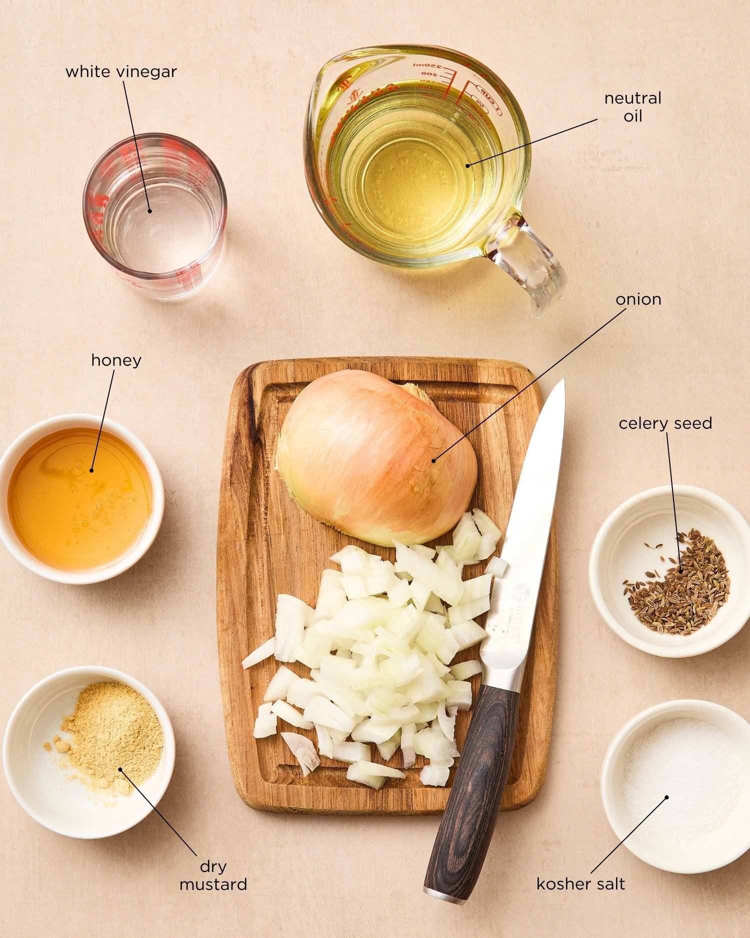 Surface with ingredients to make a coleslaw dressing including onion, vinegar, honey, and more.