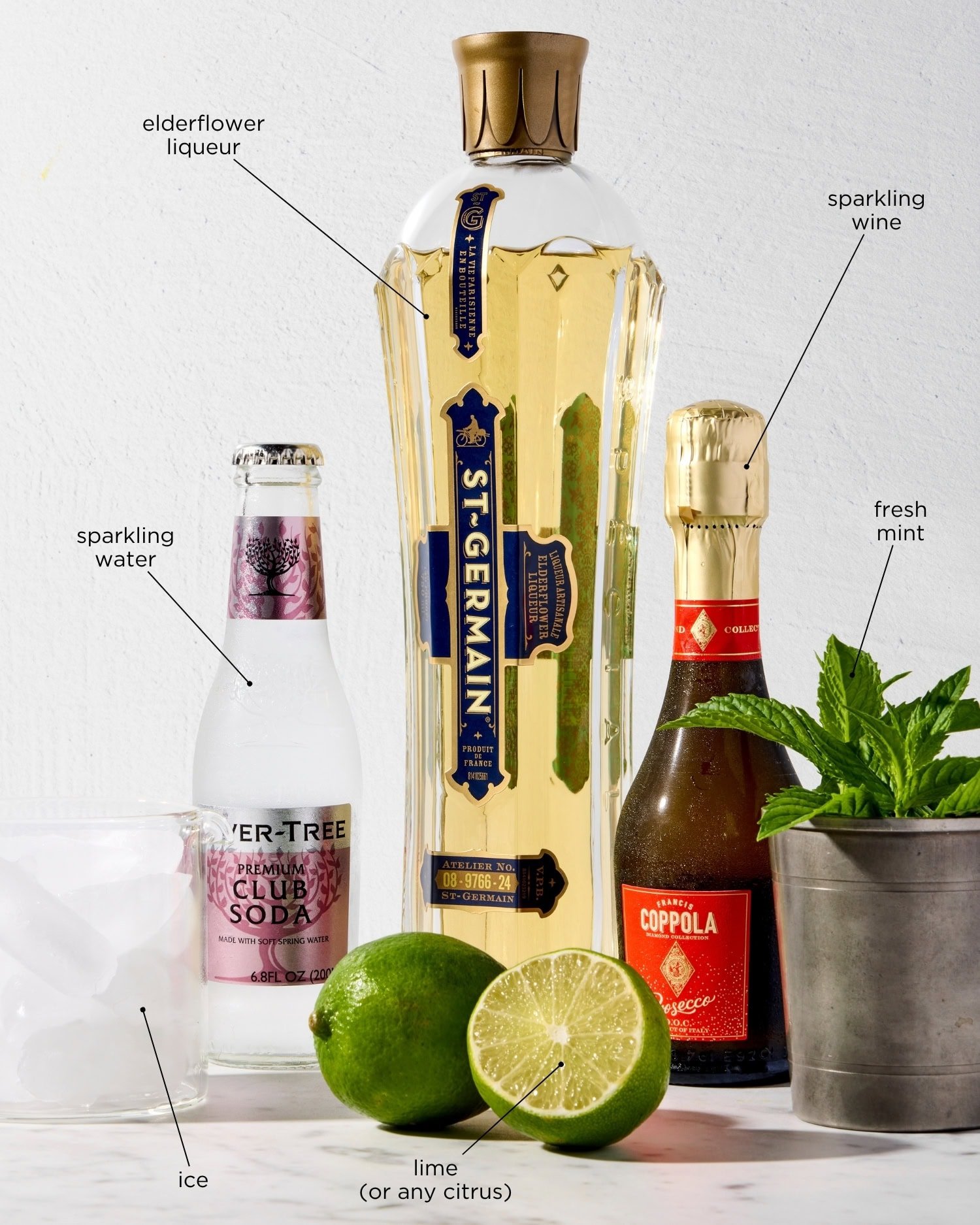 Ingredients needed for a Hugo spritz cocktail.