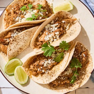 Four chicken tacos on a plate in bright sunlight.