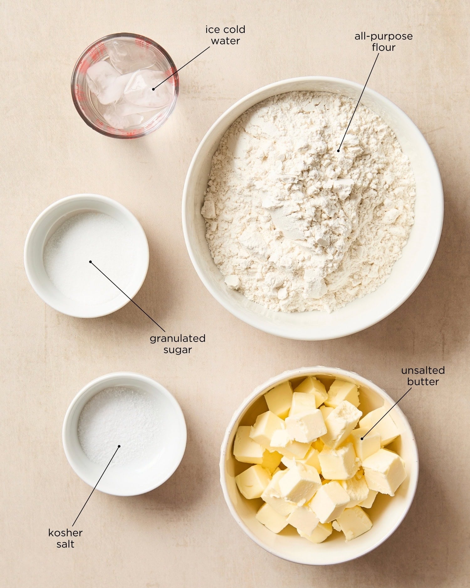 Surface with 5 ingredients needed to make a perfect pie crust.