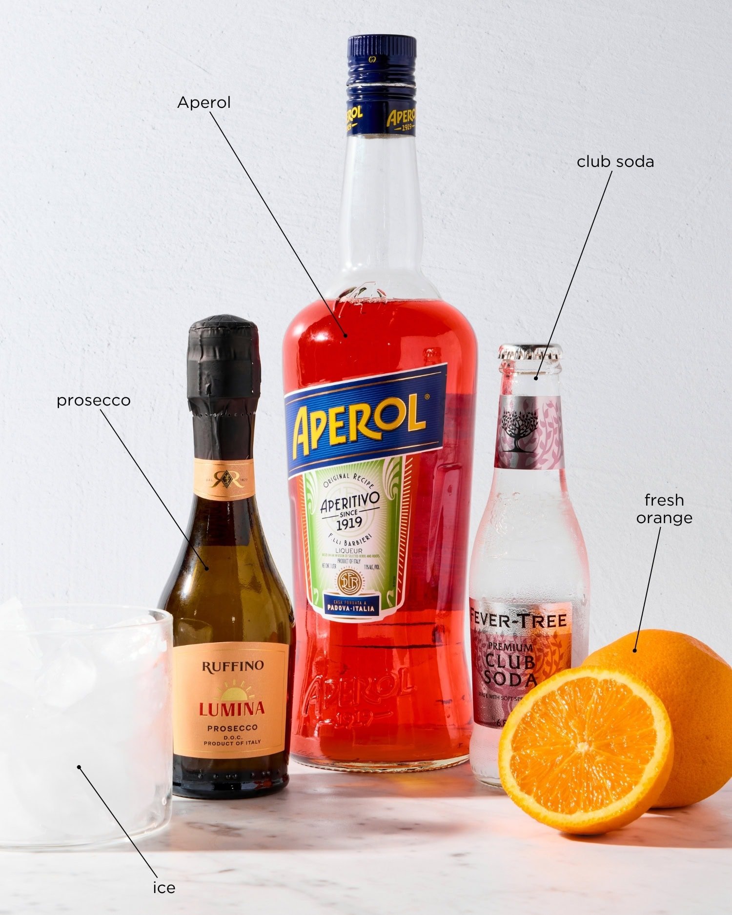 Ingredients for an Aperol spritz including orange, prosecco, Aperol, club soda, and more.