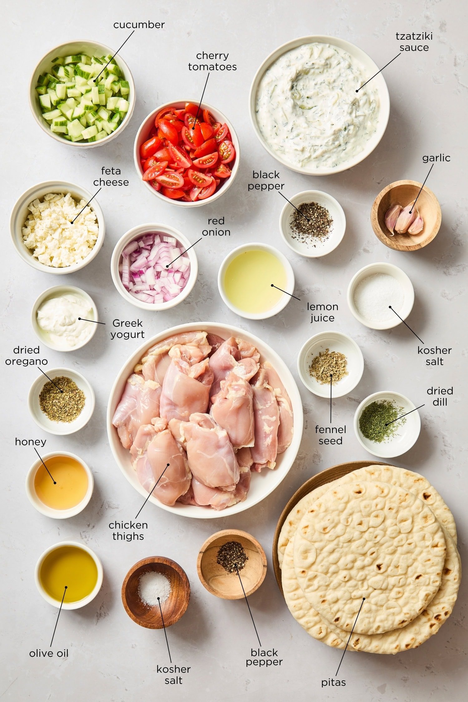 Surface filled with ingredients needed for chicken gyros including chicken, cucumber, tomatoes, pita, and more.