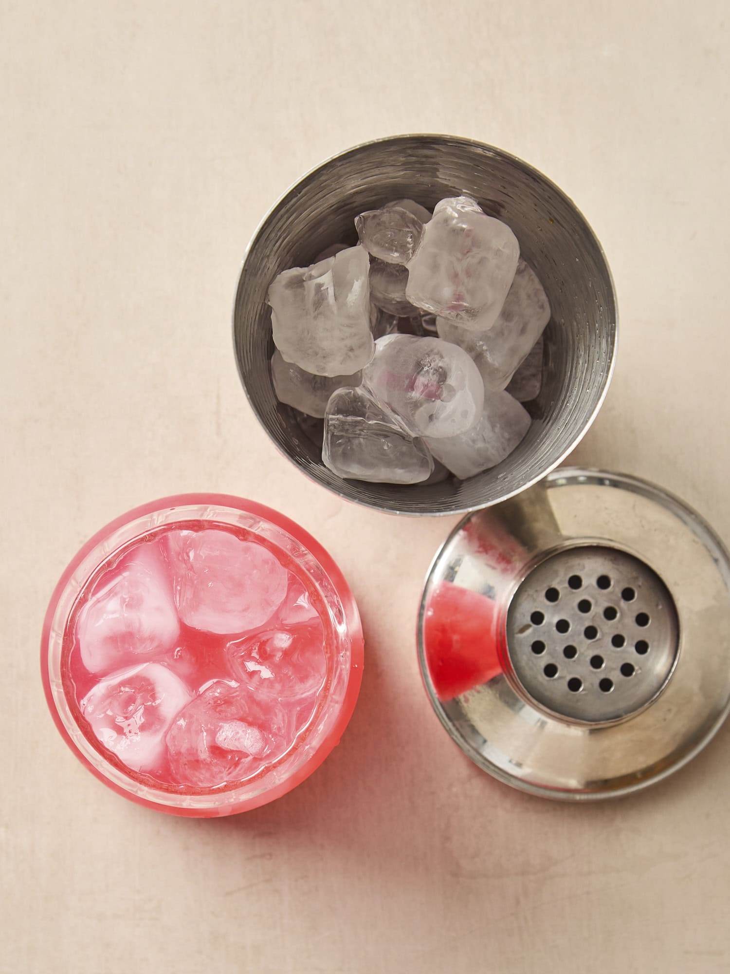 Shaker with rhubarb margarita after being shaken.