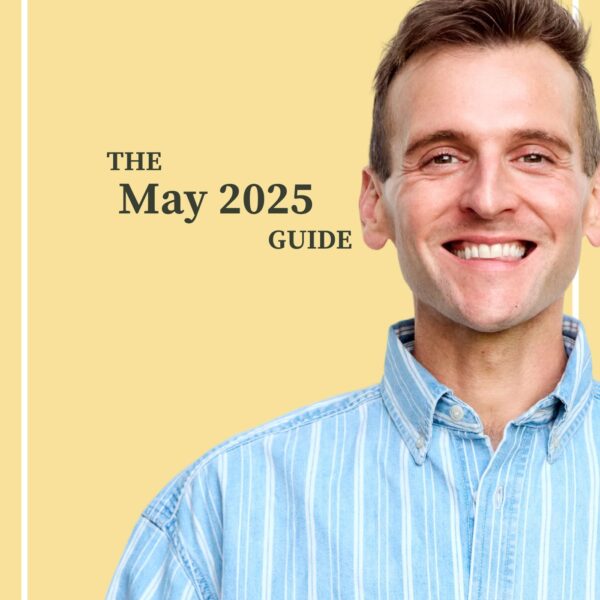 Kaleb Wyse wearing blue shirt standing in front of yellow background with the words "The May 2025 Guide".