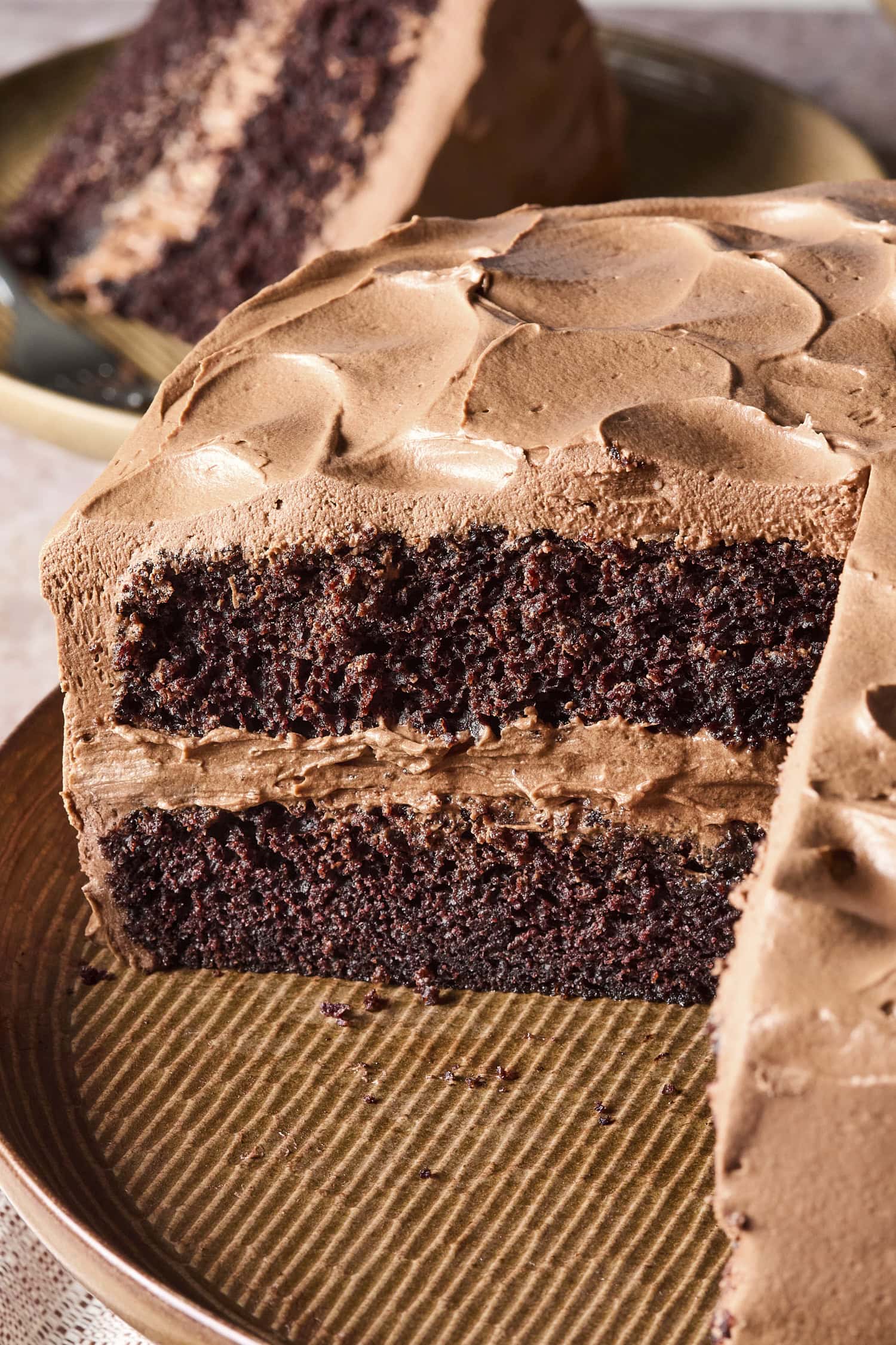 Chocolate cake with slices taken out showing interior layers with frosting in between.