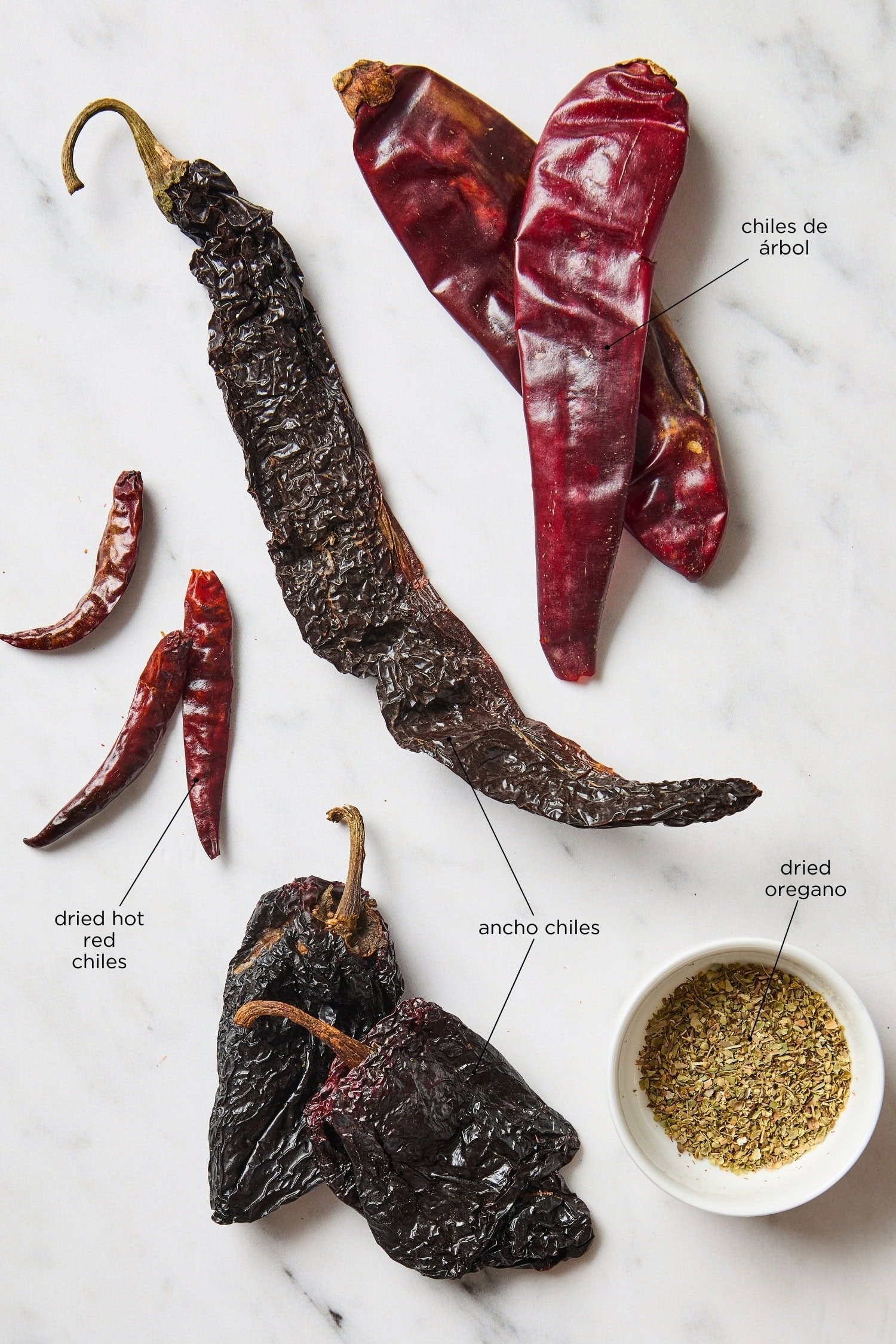 White marble surface with a few different dried chiles and dried oregano for chili powder.