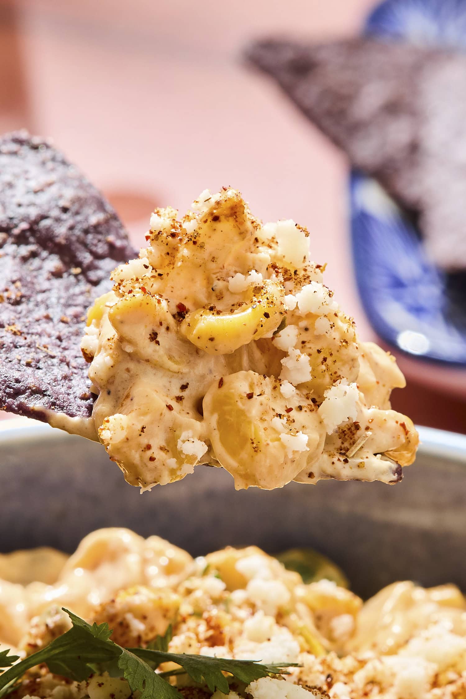 A chip loaded with street corn dip with spices showing and kernels of corn.