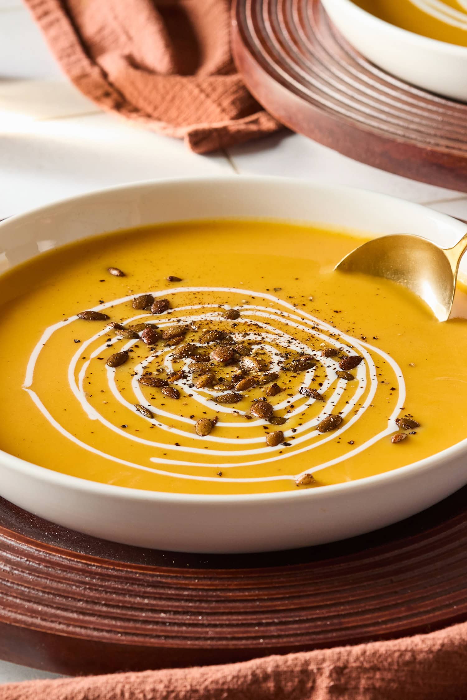 Harvest squash soup with roasted pepitas topping.