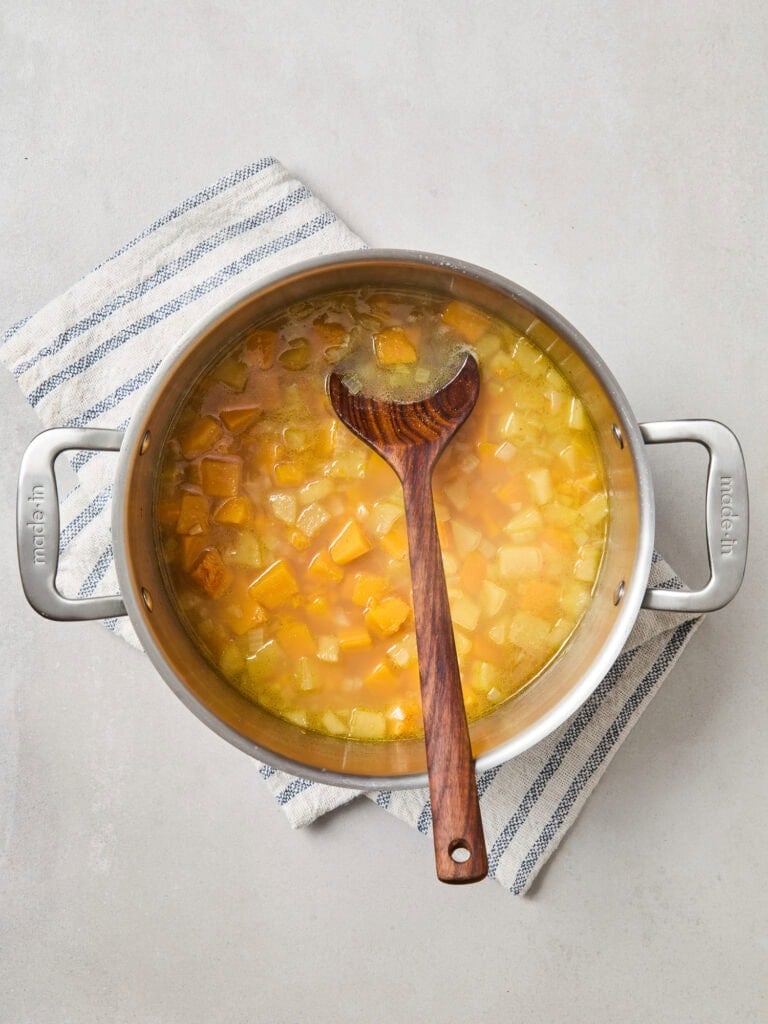 Pieces of squash and apple after cooking down.