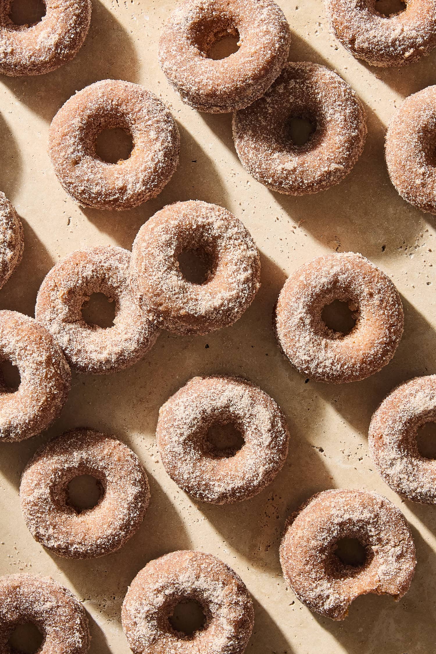 Baked pumpkin spice donuts sitting on a concrete counter.