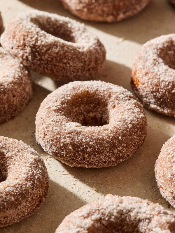 Baked pumpkin spice donuts scattered on a countertop.