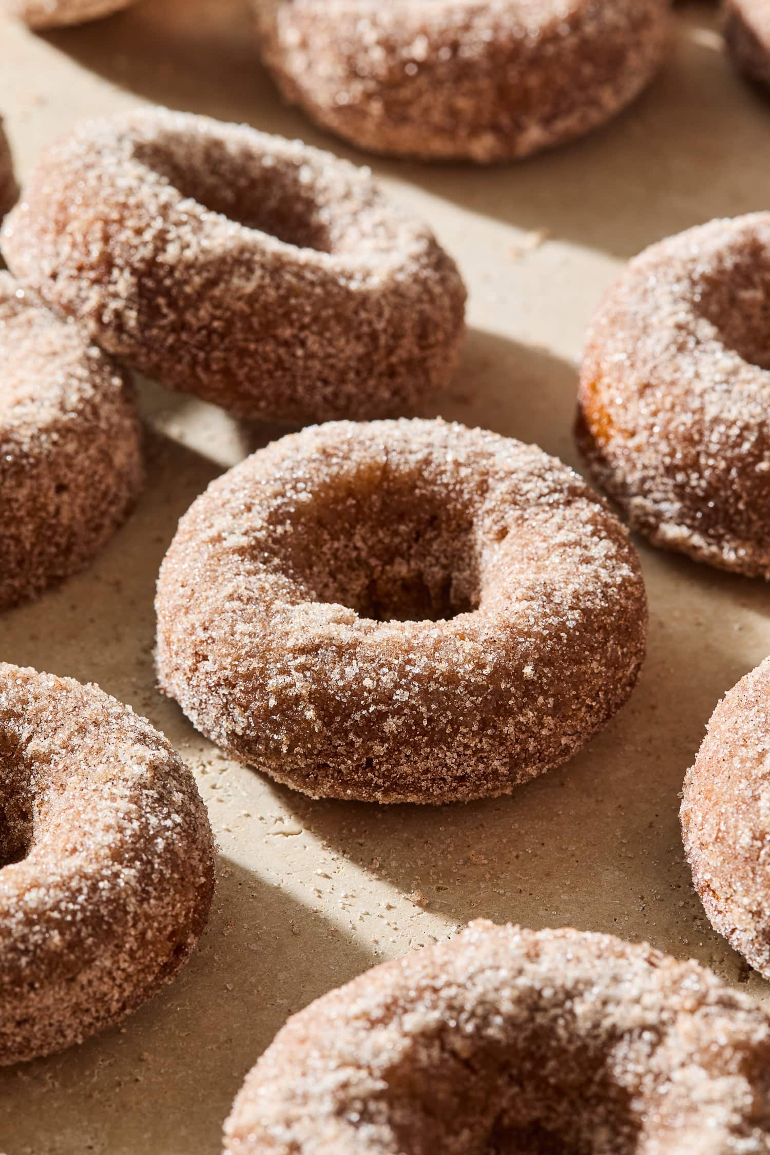 Baked pumpkin spice donuts scattered on a countertop.