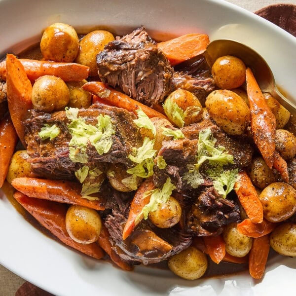 A pot roast on a serving platter.