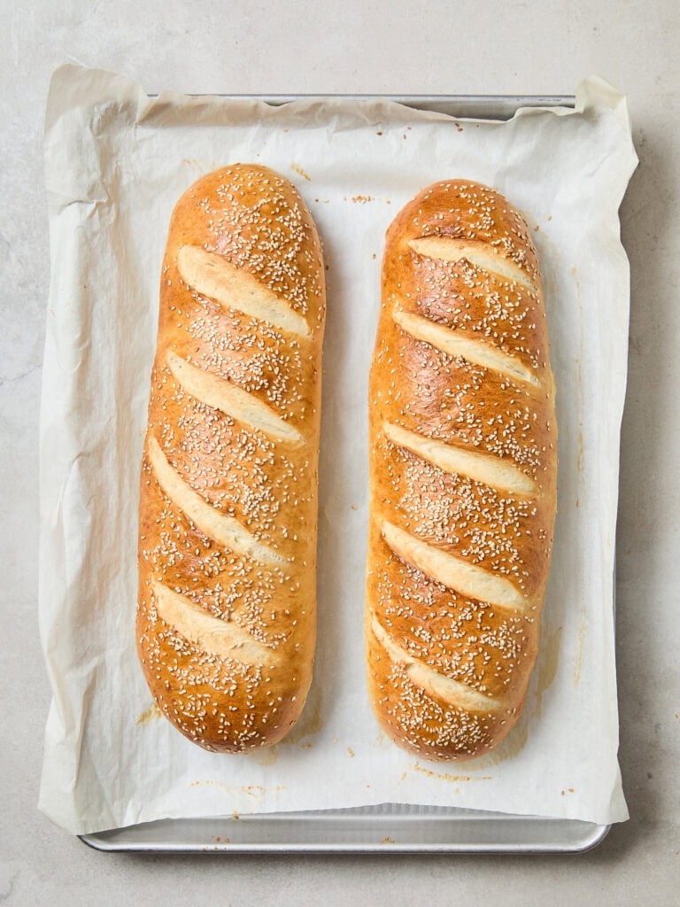 Two loaves of French bread after baking.