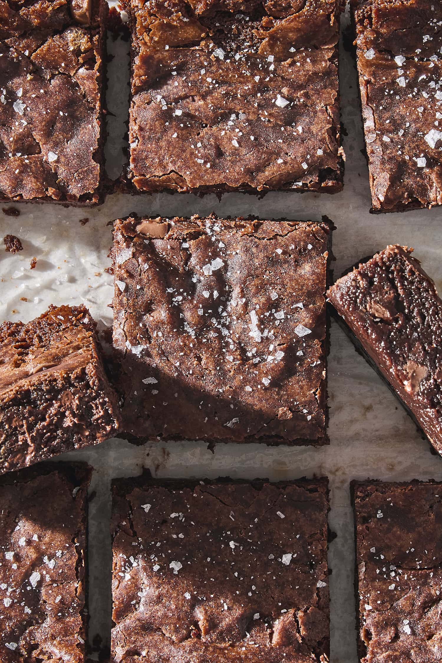 Sliced brownies with salt sprinkled on top.