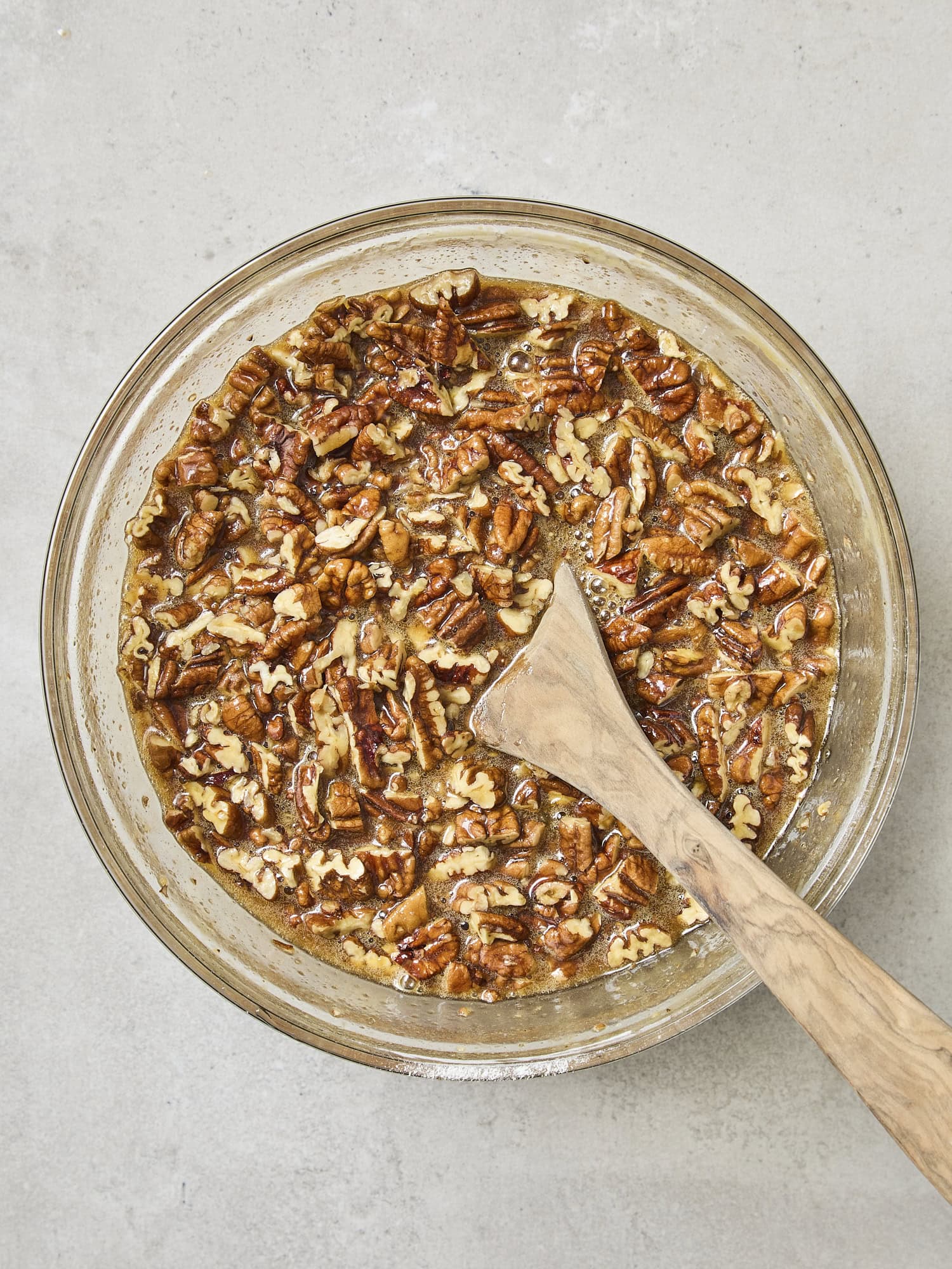 Mixture of filling for pecan pie bars.