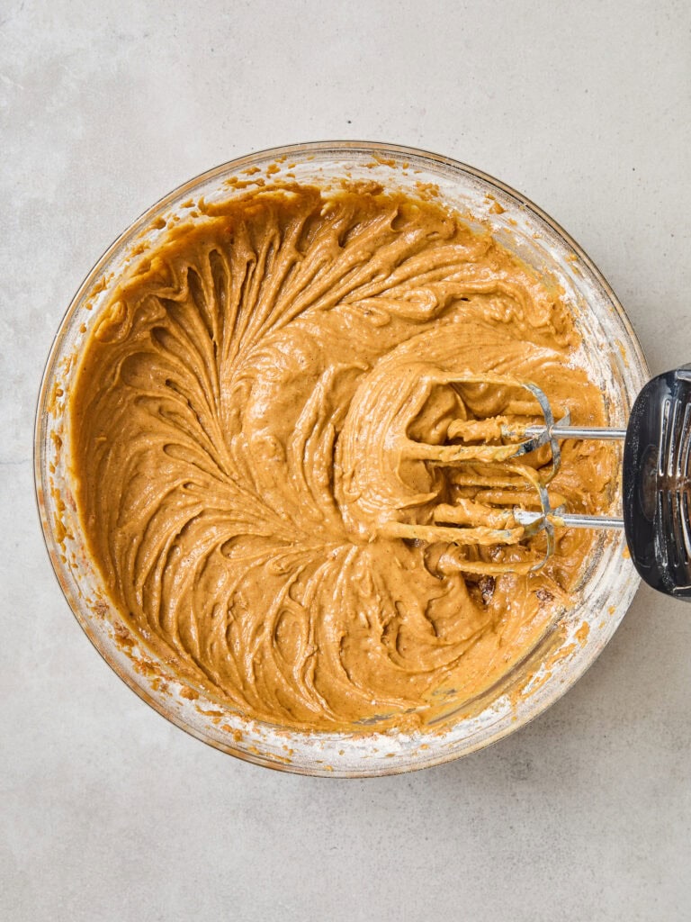Batter after being mixed for pumpkin whoopie pies.
