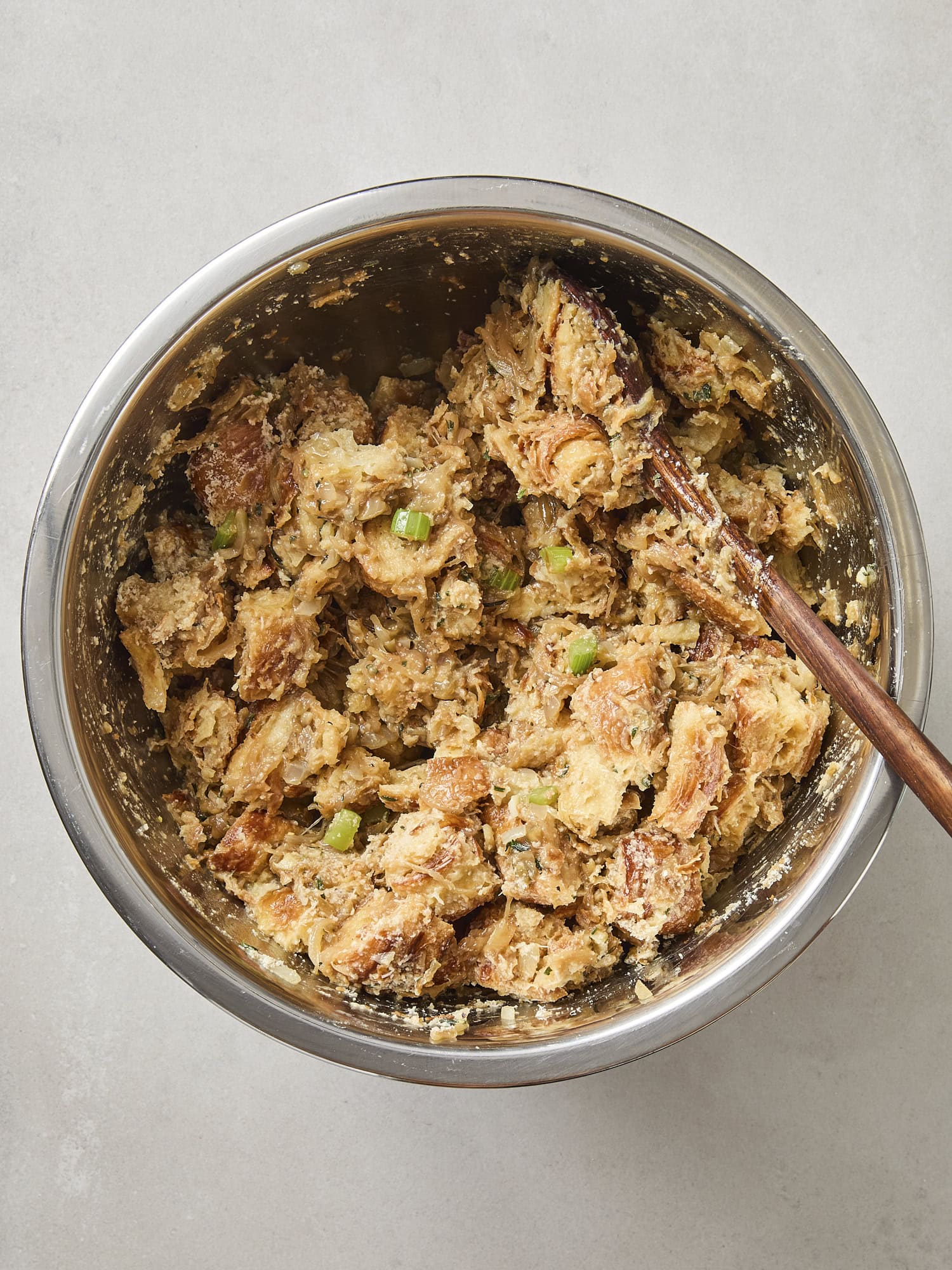 Mixture of caramelized onions with croissant for stuffing.