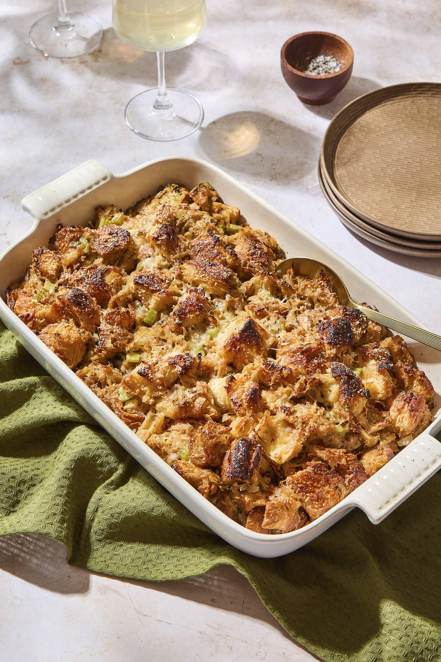 Caramelized onion and croissant stuffing after being baked.