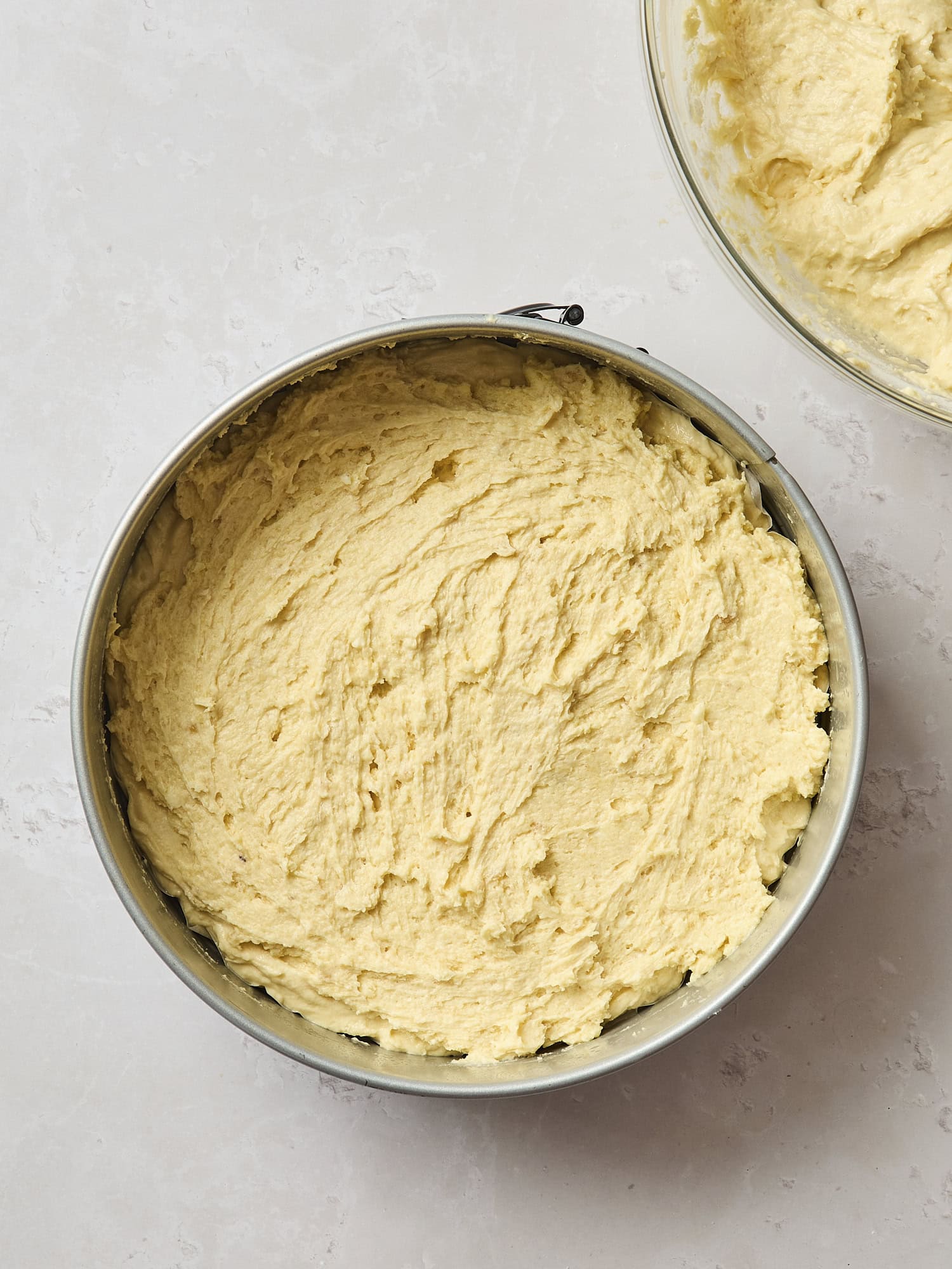 Coffee cake batter in a springform pan.