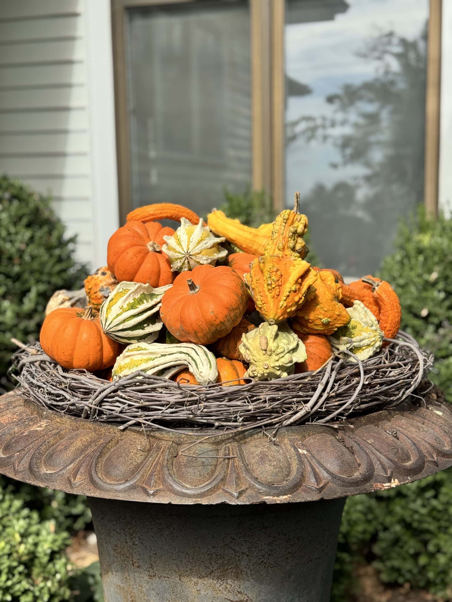 An urn with a wreath holding in small pumpkins and gourds.