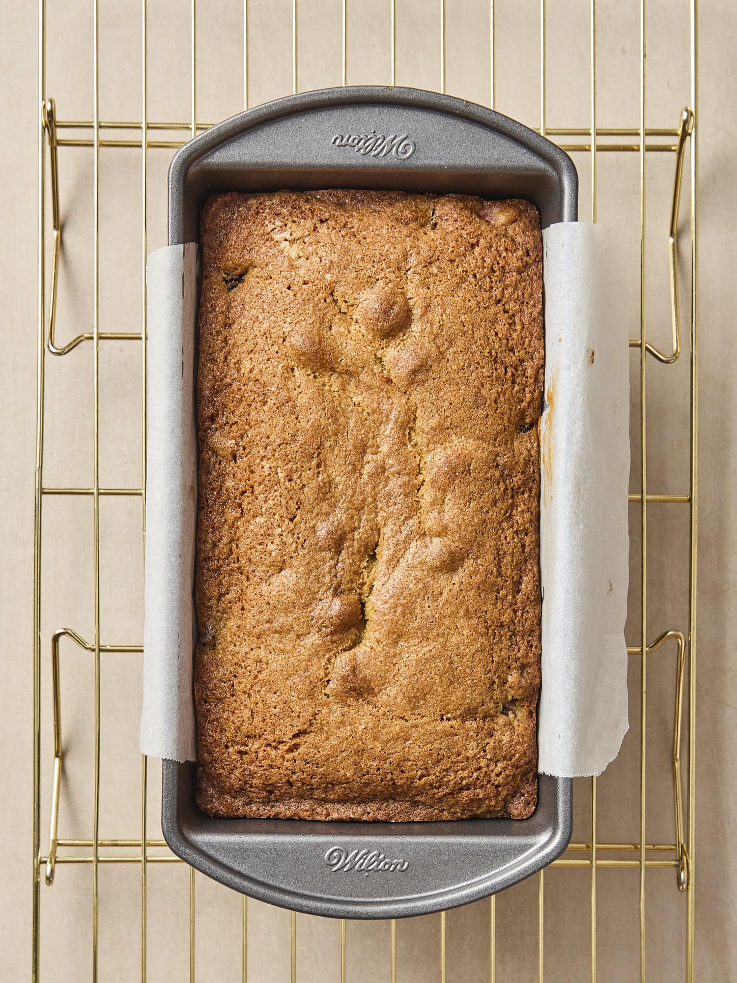 Baked pound cake in baking pan.
