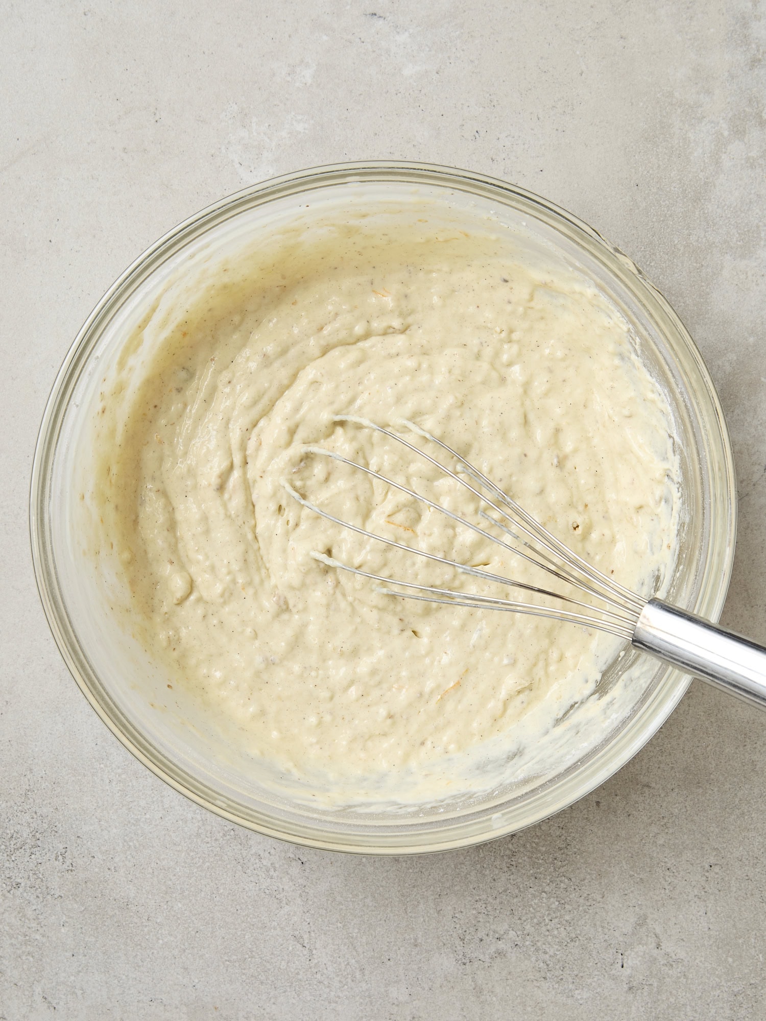 Buttermilk pancake batter in glass bowl.