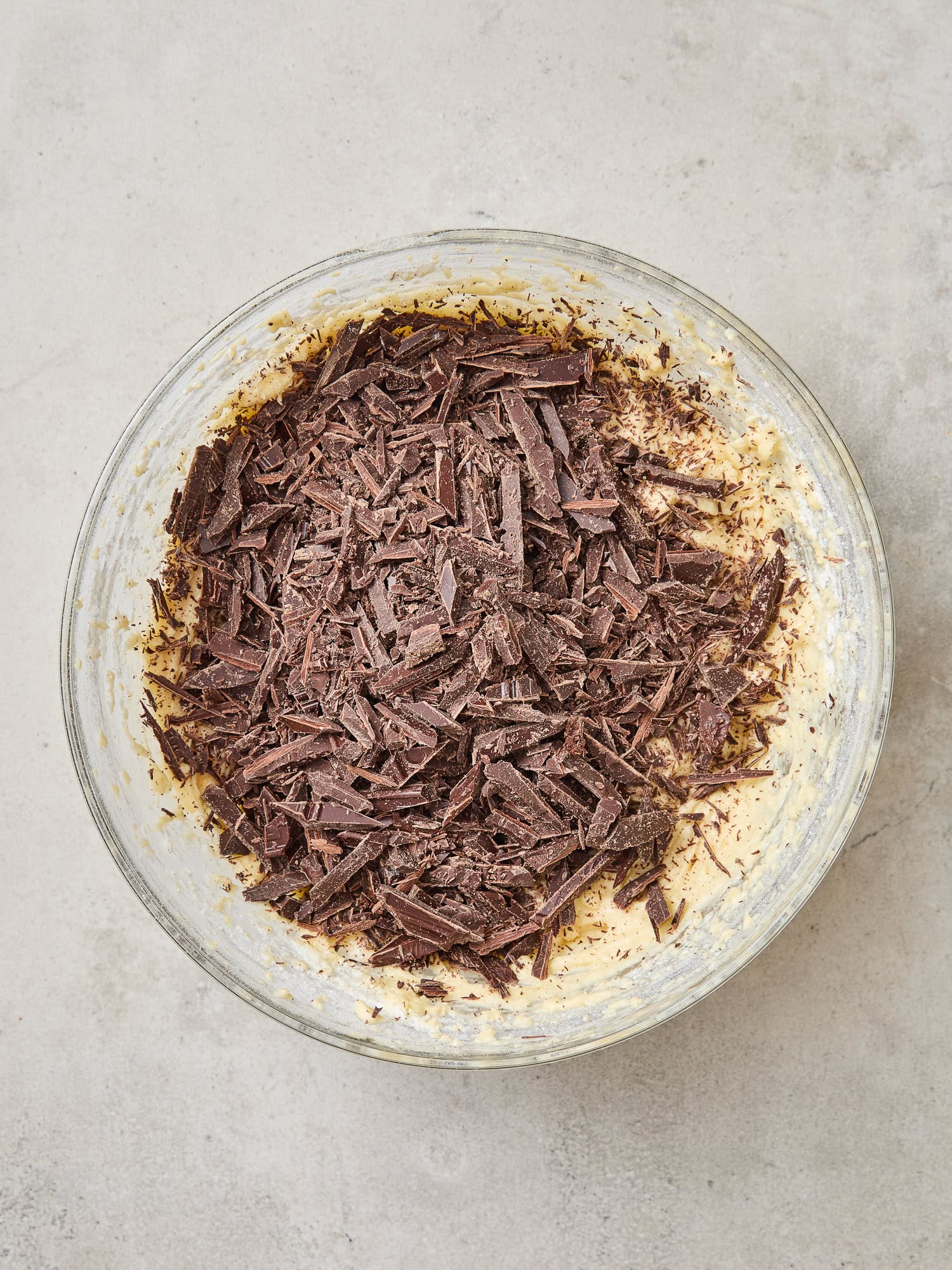 Chocolate shavings before being folded into muffin batter.