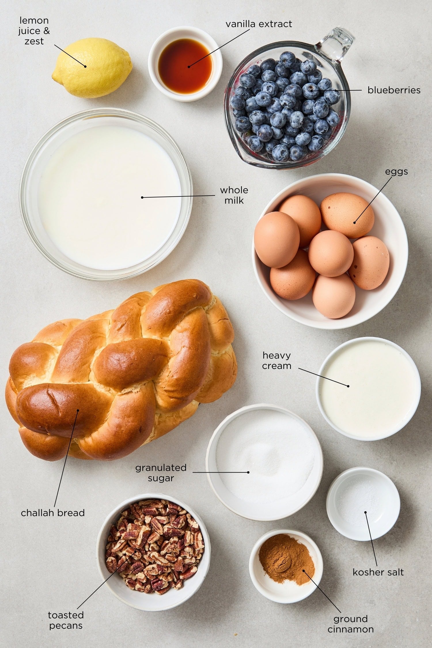 Ingredients for overnight blueberry French toast.