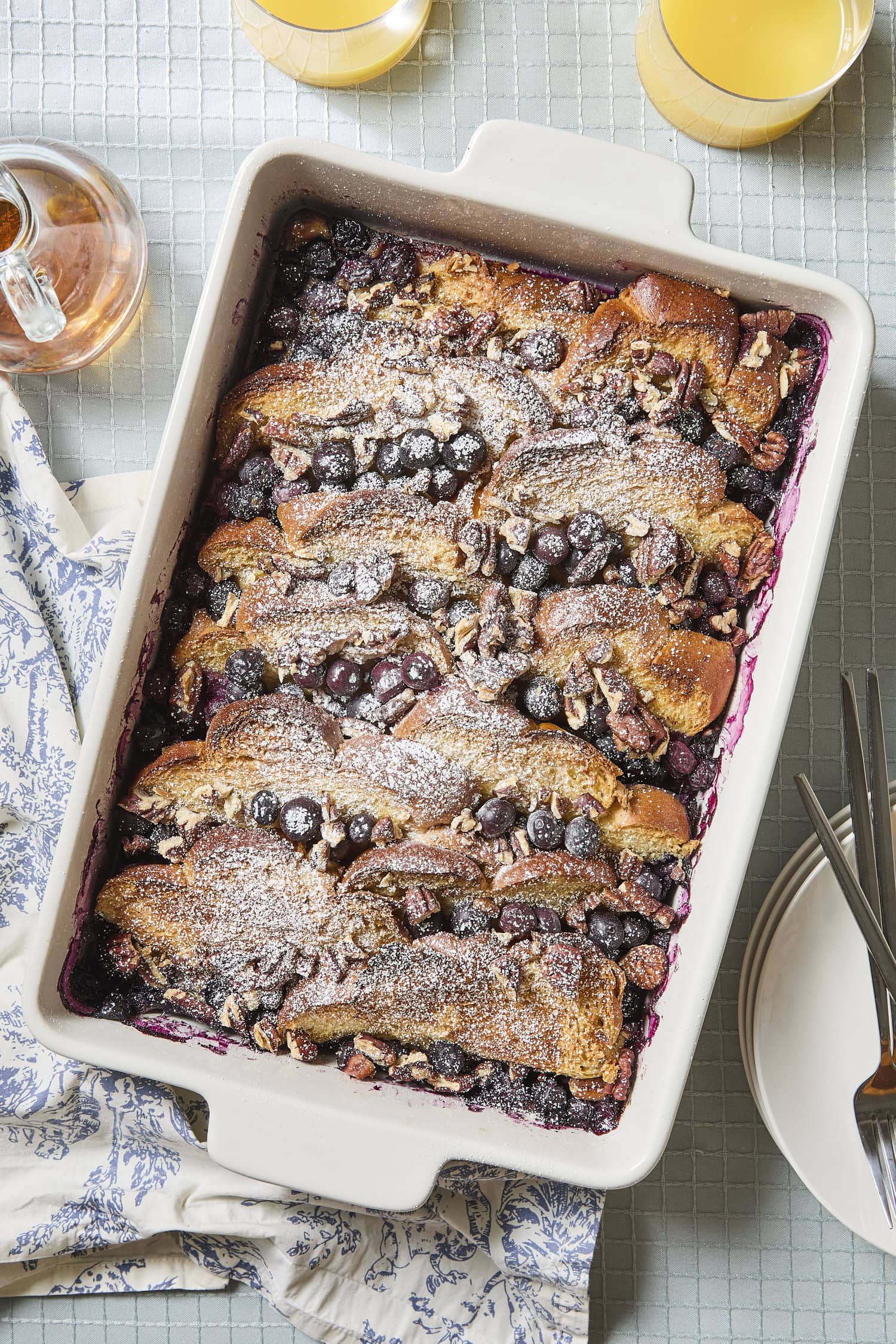 Blueberry French toast dusted with powdered sugar.