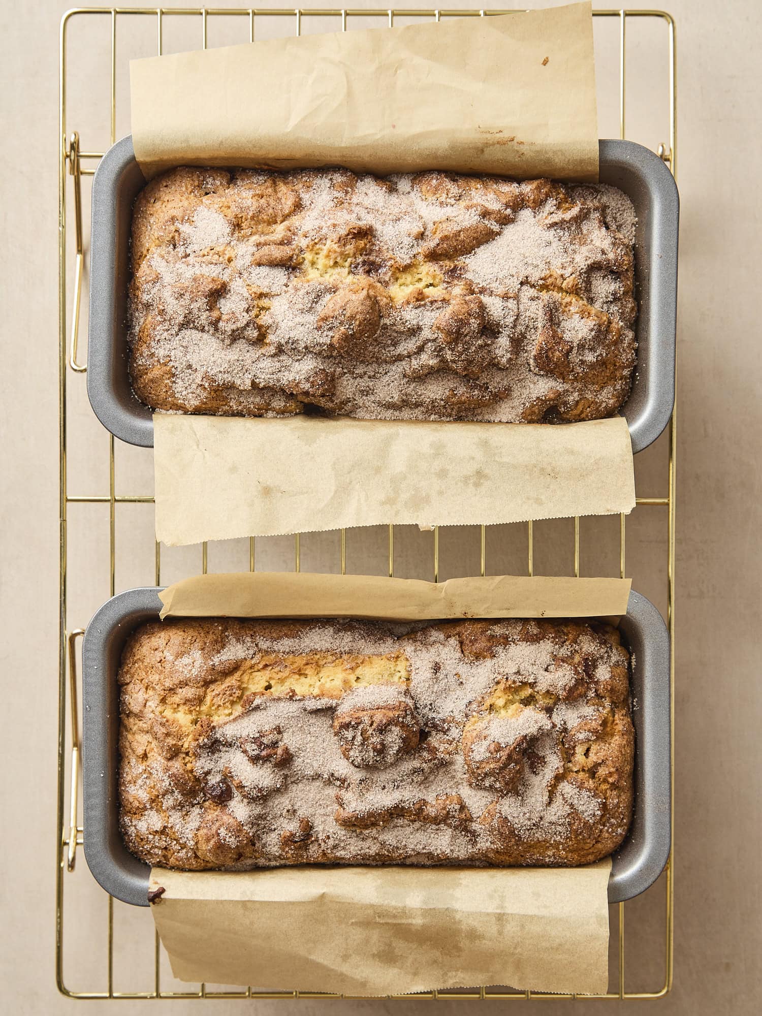 Two rhubarb buttermilk cake loaves after baking.