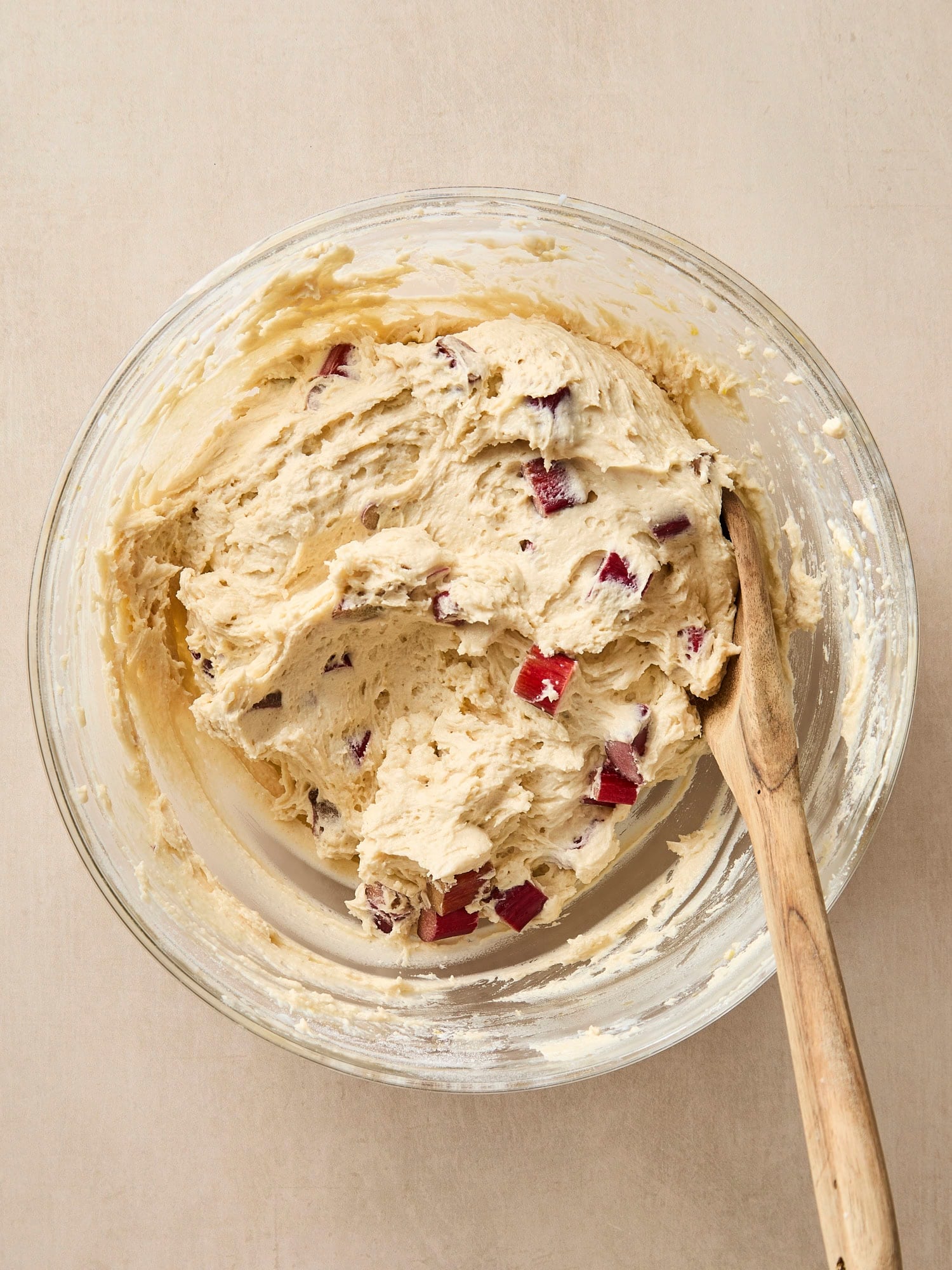 Rhubarb folded into cake batter.