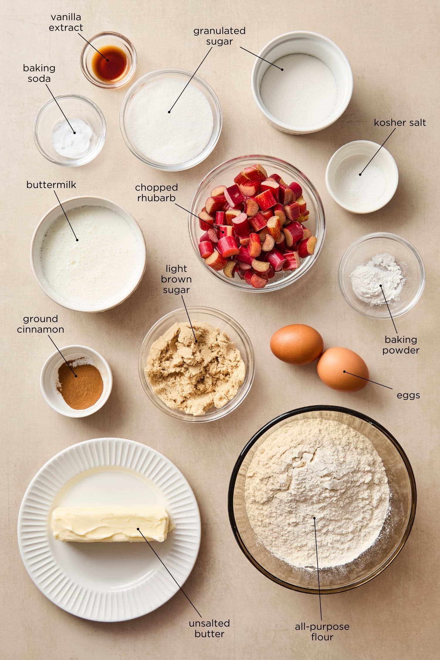 Rhubarb buttermilk cake ingredients.