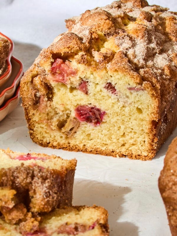 Interior texture of rhubarb buttermilk cake with crunchy cinnamon sugar topping.