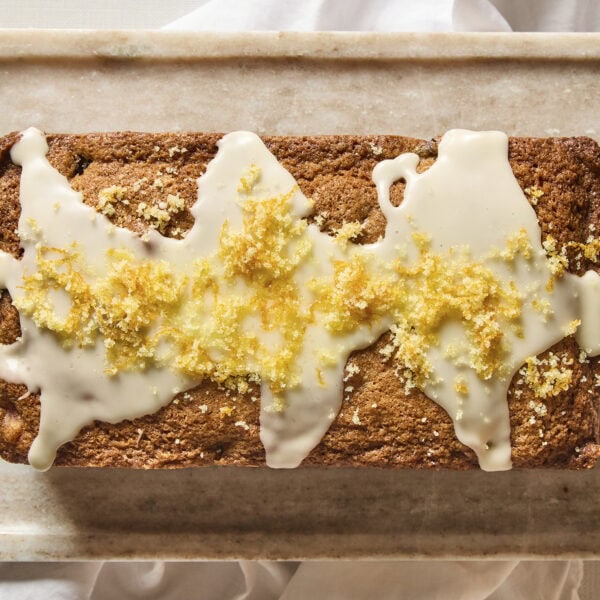 Glazed rhubarb and orange pound cake.