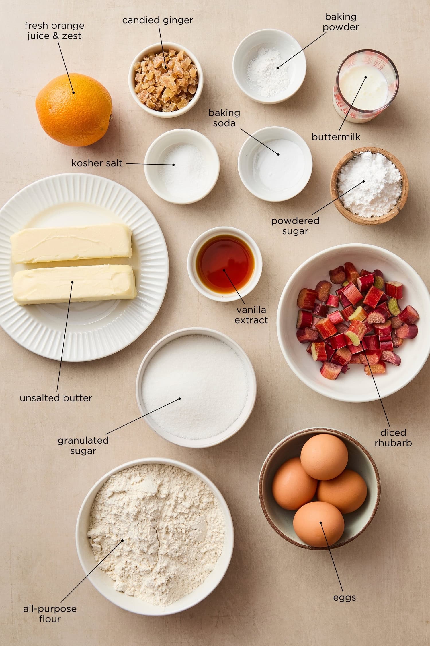 Rhubarb and orange pound cake ingredients.