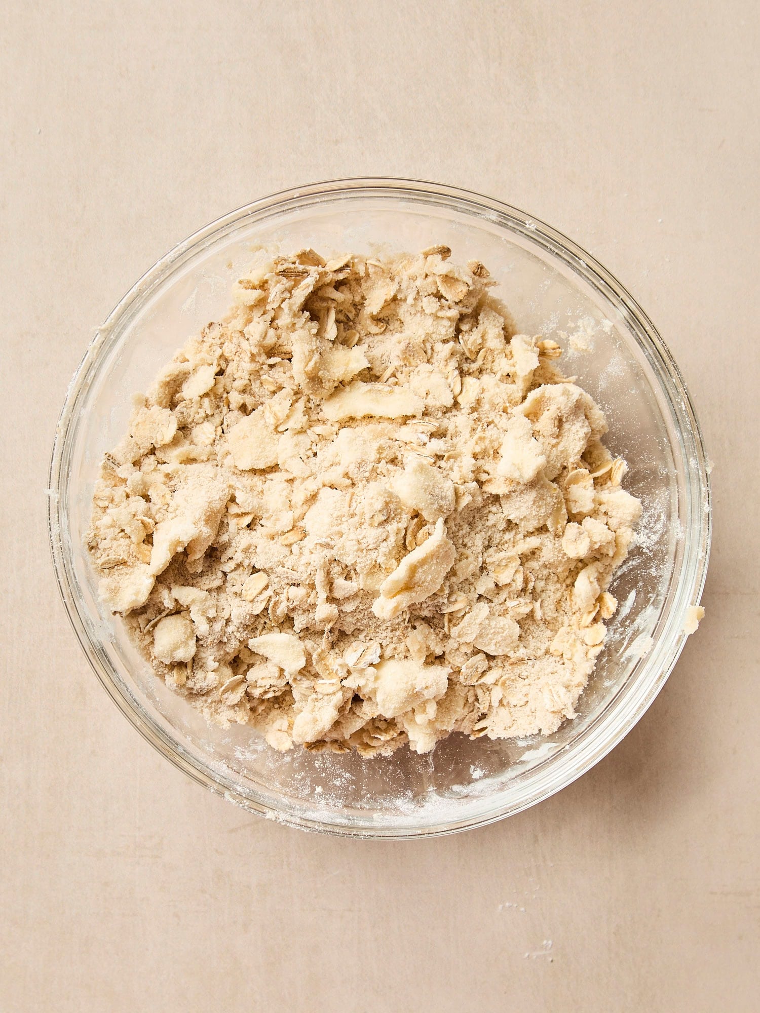 Glass bowl with streusel topping for pie.