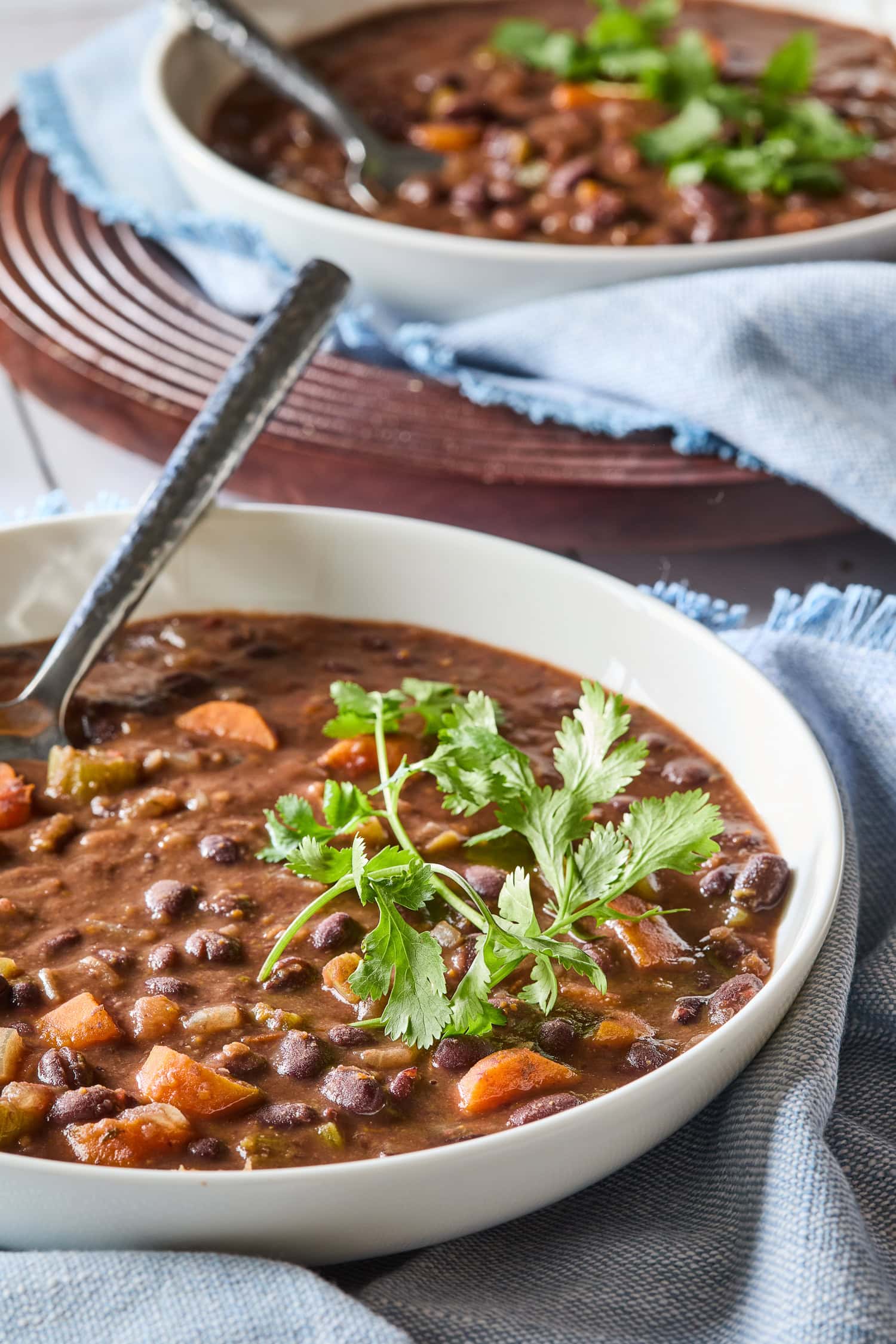 A sprig of parsley on top of black bean soup.