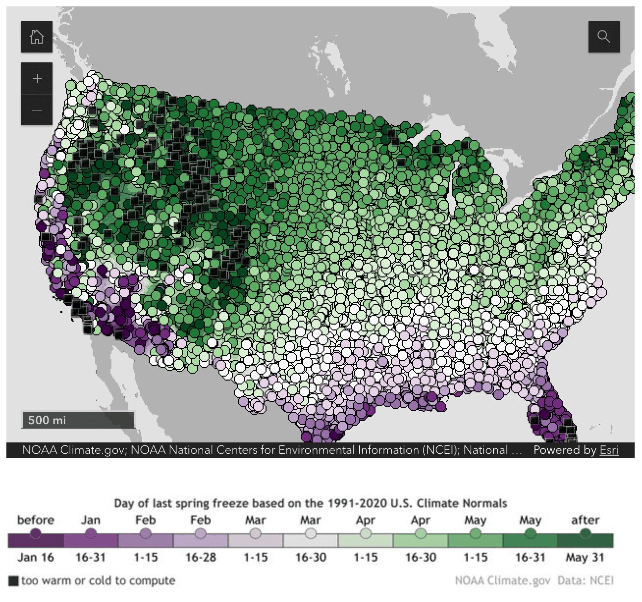 Map with lots of points showing the last spring frost date.